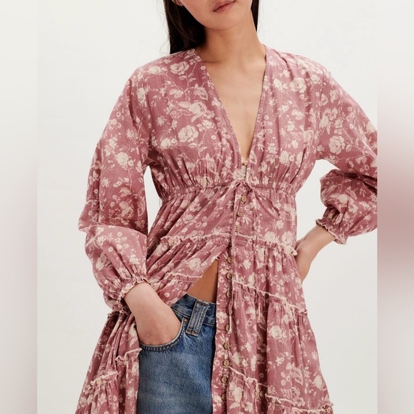 NWT Free People Pappiet Midi Dress XS Rose Combo Duster NWT Free People Pappiet Midi Dress XS Rose Combo Duster
